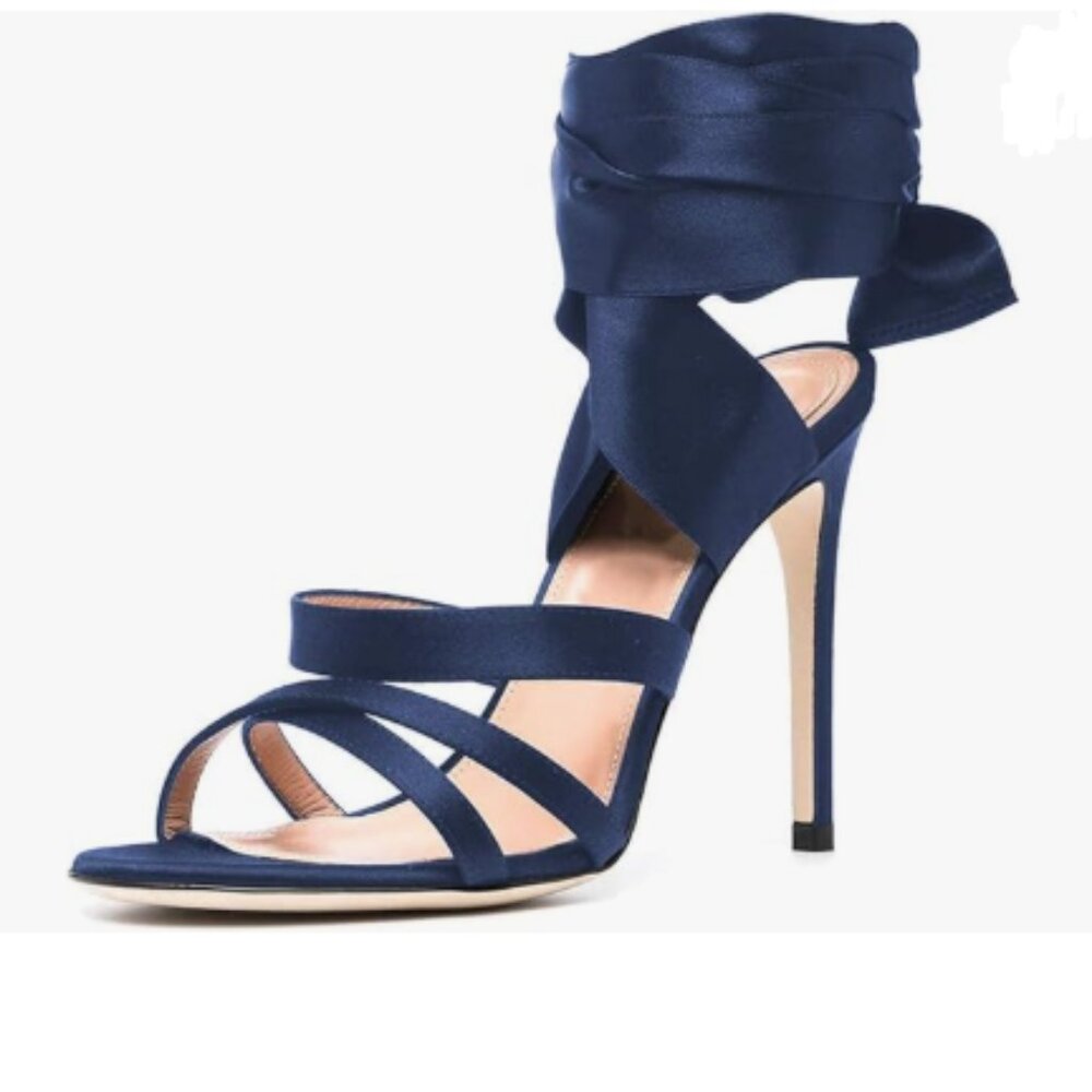 FSJ Blue High Heels Sandals Straps Open Toe Slingback Ankle Strap Shoes